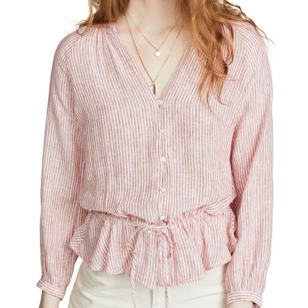 Rails Marti Scarlet Stripe Blouse Women's Size Small Linen Blend - Picture 1 of 7